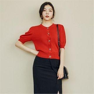 Puff-sleeve Leopard Buttoned Cardigan