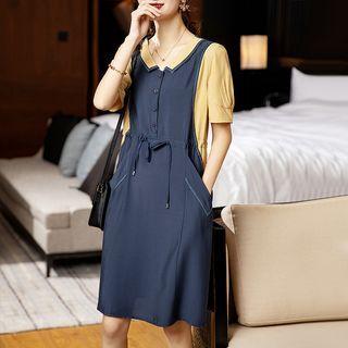Two-tone Drawstring-waist Midi A-line Dress