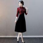Mandarin Collar Floral Panel Elbow-sleeve Midi A-line Dress
