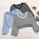 Color-block V-neck Striped Puff-sleeve Knit Top