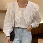 Collared Lace Trim Blouse White - One Size