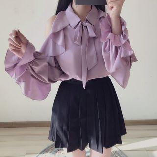 Ruffle Trim Cut Out Shoulder Shirt