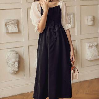 Balloon-sleeve Paneled Midi A-line Dress