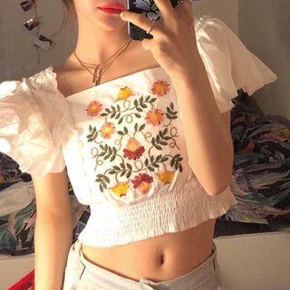 Puff-sleeve Floral Embroidered Shirred Crop Top White - One Size