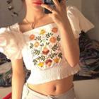 Puff-sleeve Floral Embroidered Shirred Crop Top White - One Size