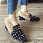 Plaid Snaffle Furry Chunky-heel Loafers