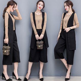 Set: Long-sleeve T-shirt + Plain Vest + Wide Leg Cropped Pants