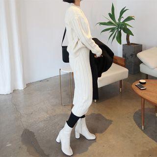 Set: Round-neck Ribbed Knit Top + Knit Skirt