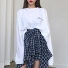 Long-sleeve Lettering T-shirt + Asymmetrical Plaid Mini Skirt