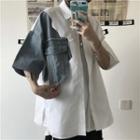 Elbow-sleeve Plain Panel Denim Shirt