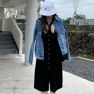Long-sleeve Tie-waist Velvet Shirt Dress Black - One Size