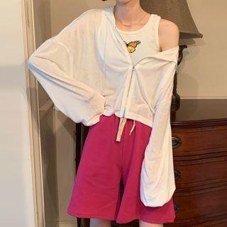 Hooded Zip Jacket / Butterfly Print Cropped Tank Top / Wide-leg Shorts