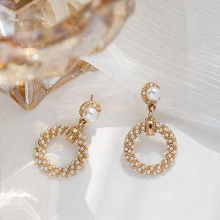 Faux Pearl Hoop Dangle Earring Era055-06 - 1 Pair - Gold - One Size