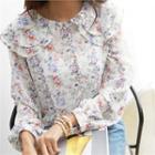 Layered-collar Balloon-sleeve Floral Blouse Ivory - One Size