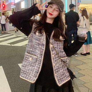 V Neck Tweed Vest Cardigan / Long-sleeve Plain Top / Pleated Mini Skirt