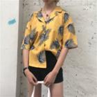Leaf Print Short-sleeve Blouse Yellow - One Size