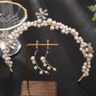 Wedding Set: Faux Pearl Headband + Dangle Earring Fd860 - White & Gold - One Size