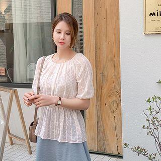 Balloon-sleeve Embroidered Tulle Peplum Blouse