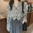 Long-sleeve V-neck Drawstring Leopard Cropped Blouse White - One Size