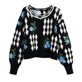 Lantern-sleeve Flower Embroidered Argyle Cardigan