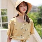 Short-sleeve Buttoned Floral-pattern Top