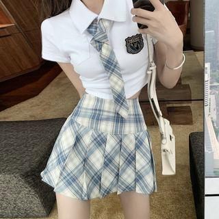 Short-sleeve Neck Tie Polo Shirt / Pleated Skirt / Set