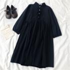 Long-sleeve A-line Shirtdress Dress - Dark Blue - One Size