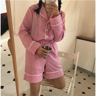 Set:plaid Long-sleeve Top + High-waist Shorts As Shown In Figure - One Size