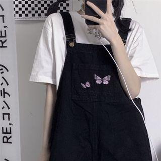 Butterfly Embroidered Wide Leg Denim Dungaree Shorts