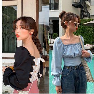 Lace-up Back Square-neck Long-sleeve Top