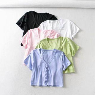 Short-sleeve Button V-neck Cropped T-shirt