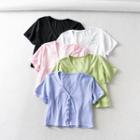 Short-sleeve Button V-neck Cropped T-shirt