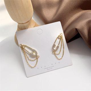 Rhinestone Chained Safety Pin Dangle Earring 1 Pair - Earring - One Size