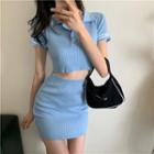 Set: Short-sleeve Cropped Polo Knit Top + Knit Mini Fitted Skirt