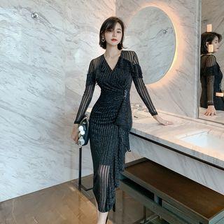 Striped Long-sleeve Midi Sheath Dress