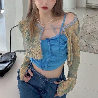 Asymmetrical Strappy Camisole Top / Tie Dye Cropped Light Jacket