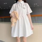 Short-sleeve Cat Embroidered A-line Shirtdress White - One Size