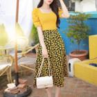 Set: Puff-sleeve Knit Top + Long Floral Skirt Mustard Yellow - One Size