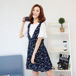 Set: Short-sleeve T-shirt + Floral Print A-line Pinafore Dress