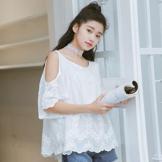 Open Shoulder Lace Panel Elbow-sleeve Top