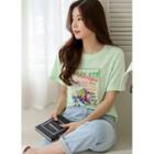 Letter Printed Textured T-shirt Mint Green - One Size