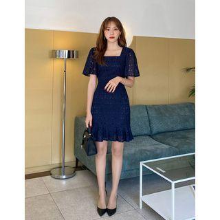 Square-neck Frill-hem Lace Dress