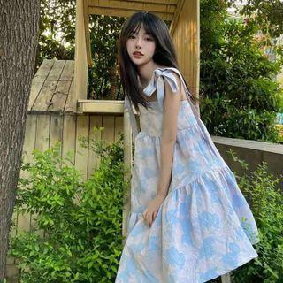 Spaghetti-strap Print Tiered A-line Dress Blue - One Size
