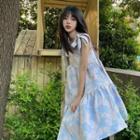 Spaghetti-strap Print Tiered A-line Dress Blue - One Size
