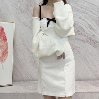 Spaghetti Strap Bow Detail Mini Sheath Dress / Cropped Cardigan / Set