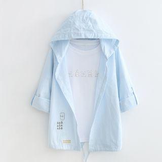 Elbow-sleeve Embroidered Buttoned Hoodie Jacket Light Blue - One Size