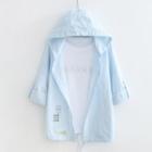 Elbow-sleeve Embroidered Buttoned Hoodie Jacket Light Blue - One Size