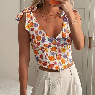 Floral Print V-neck Cropped Tank Top