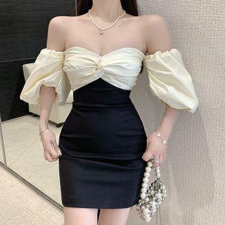 Short-sleeve Off Shoulder Two Tone Dress