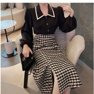 Set: Puff Sleeve Contrast Trim Blouse + Houndstooth Slit Midi Skirt